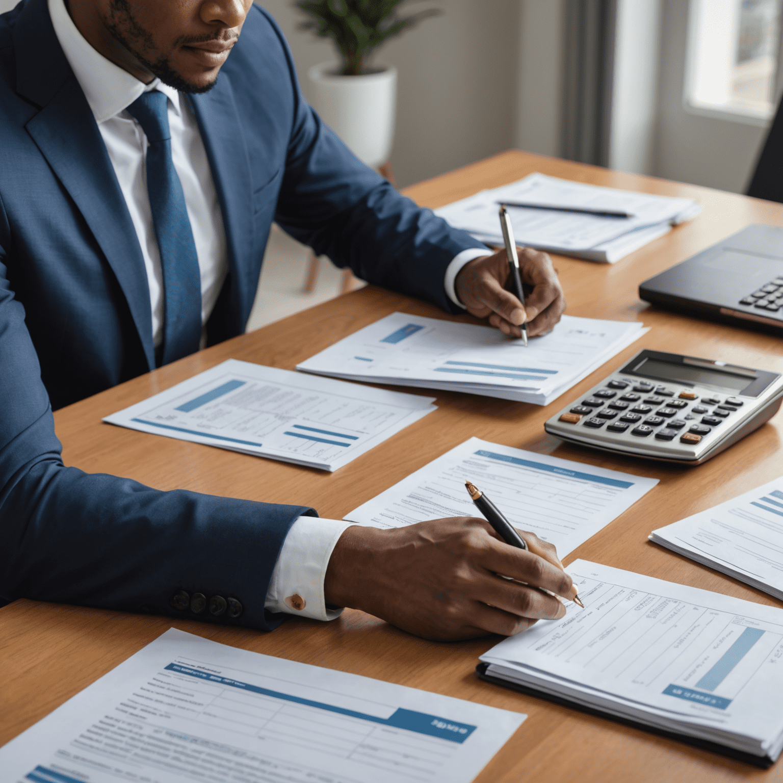 A professional accountant reviewing financial documents and tax forms, with a focus on tax optimization strategies for South African businesses