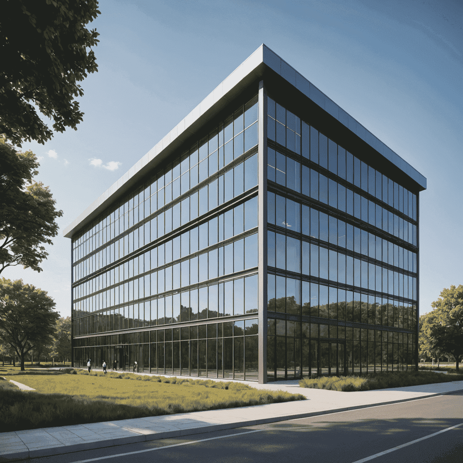 Exterior view of the company's headquarters building, a modern glass and steel structure