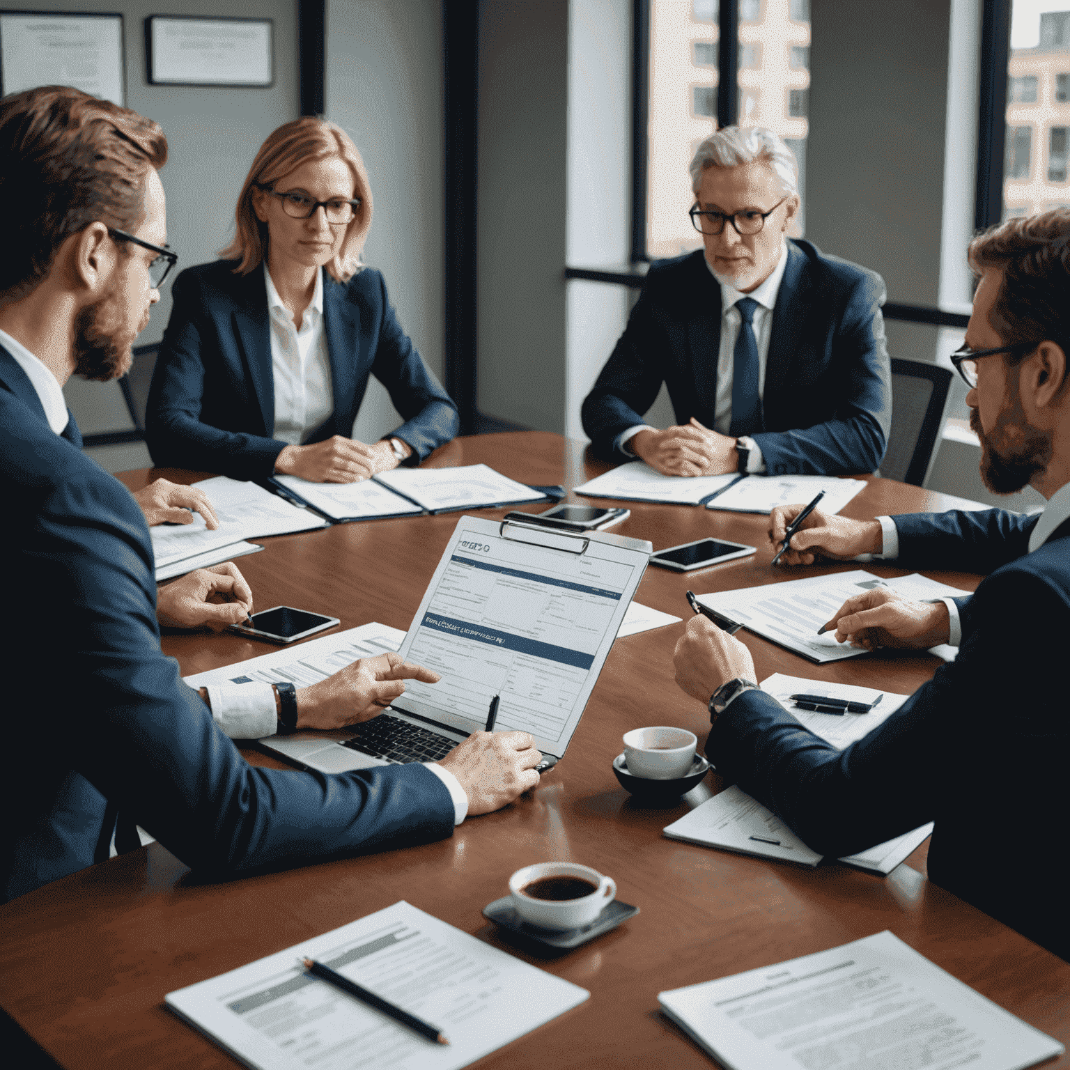 Tax law experts discussing strategies at a conference table with documents and a laptop