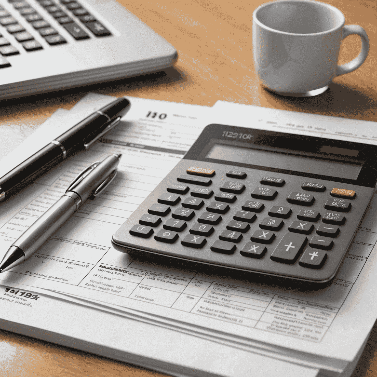 A calculator, pen, and tax forms on a desk