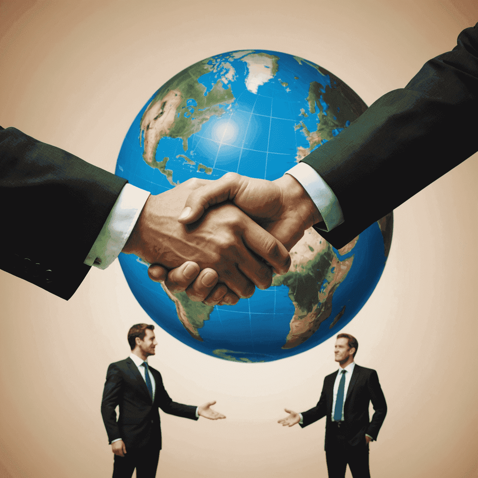 A handshake between two business people with a globe in the background